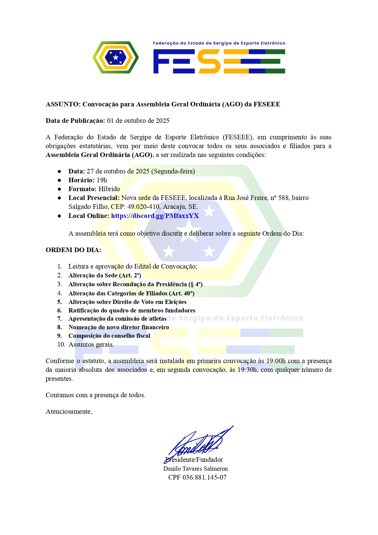 COMUNICADO INFORMATIVO ASSEMBLEIA GERAL OUTUBRO